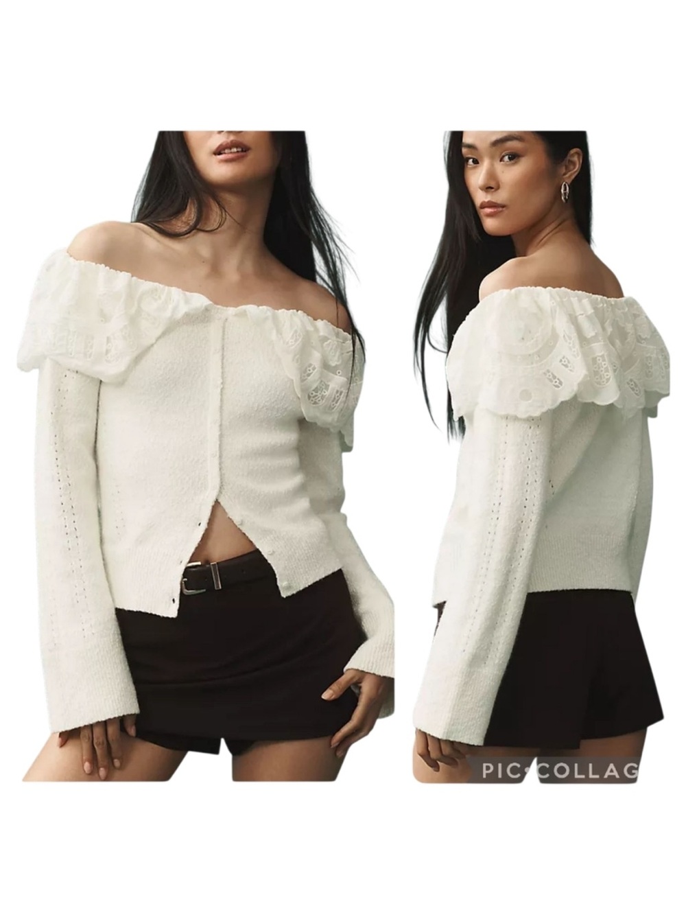 Maeve Anthropologie Lace Collar Off Shoulder Cardigan Sweater Ivory Size Medium